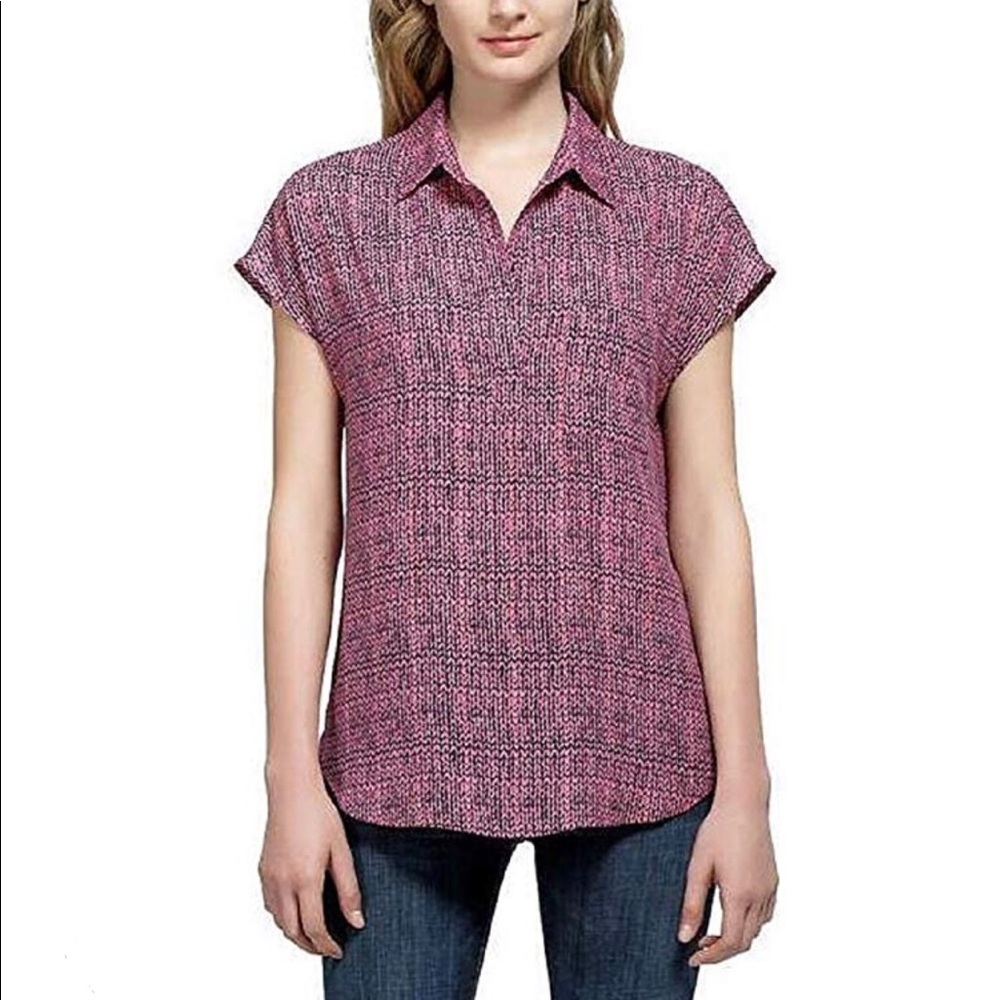 Pleione Lightweight Pink & Navy Short Sleeve Blouse - Small